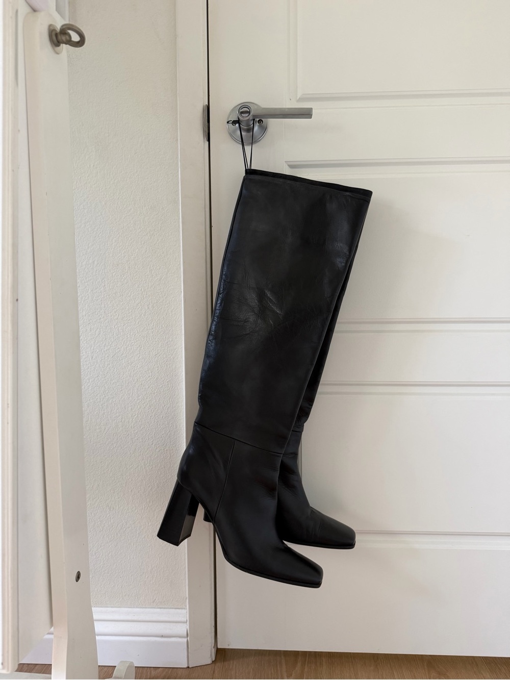 Zara Black Over-the-Knee Leather Boots with Block Heel